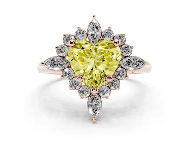 Fancy Yellow Heart Cut Diamond Cluster Halo Ring Set in Rose gold with Marquise and Round Accents