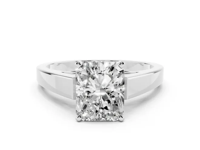 Radiant Cut Diamond Solitaire Engagement Ring Set in White gold with Prong Setting and Tapered Band