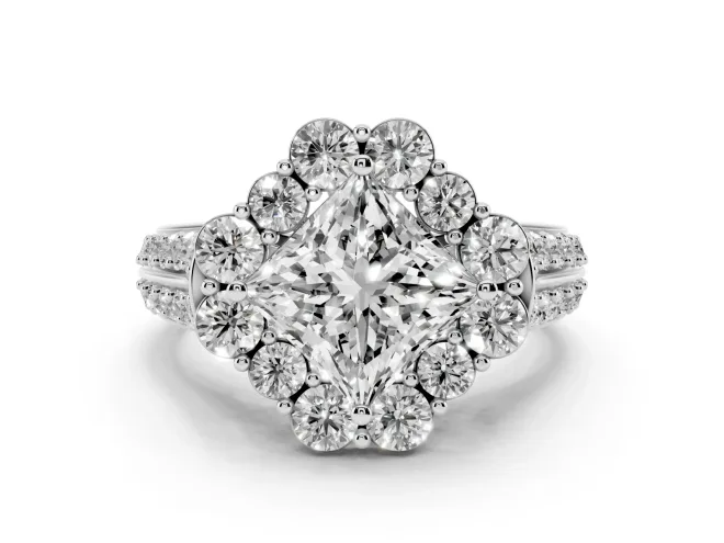 Princess Cut Large Accent Halo Engagement Ring Setting | Graduated Pavé | White Gold