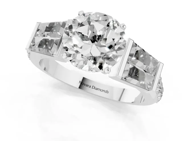 Round Cut Diamond Engagement Ring Set in White gold with Baguette Side Stones and Channel Set Band – second view