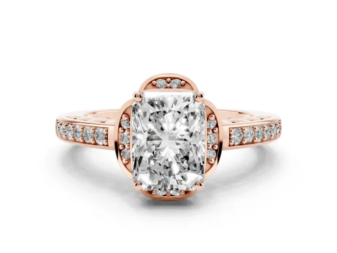 Radiant Cut Diamond Halo Ring Set in Rose gold with Channel Set Band and Prong Setting