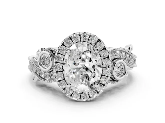 Oval Vintage Milgrain Halo Engagement Ring Setting | Bezel Shoulder Accents | Platinum