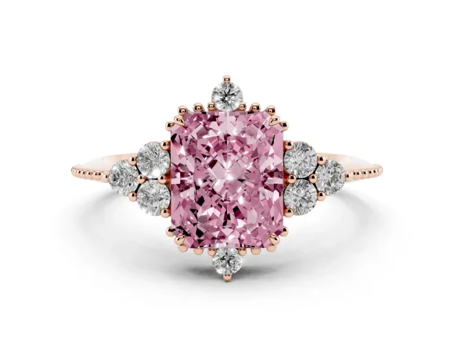 Fancy Pink Radiant Cut Diamond Cluster Ring Set in Rose gold with Beaded Band