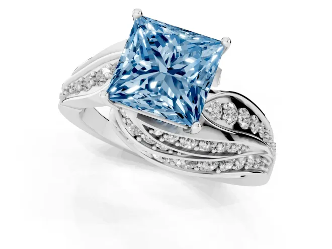Fancy Blue Princess Cut Diamond Solitaire Ring Set in Silver with Layered Twist Pavé Band – second view