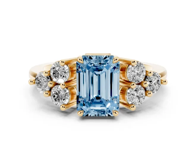 Fancy Blue Emerald Cut Diamond Solitaire Ring Set in Yellow gold with Cluster Accents on Each Side