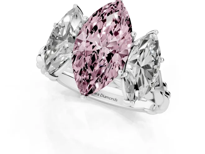 Fancy Pink Marquise Cut Diamond Three-Stone Ring Set in Silver with Braided Band – second view