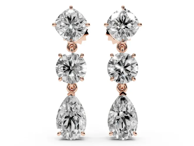 Multi-Shape Lab-Grown Diamond Three Stone Drop Earrings | Cushion Round and Pear | Rose Gold