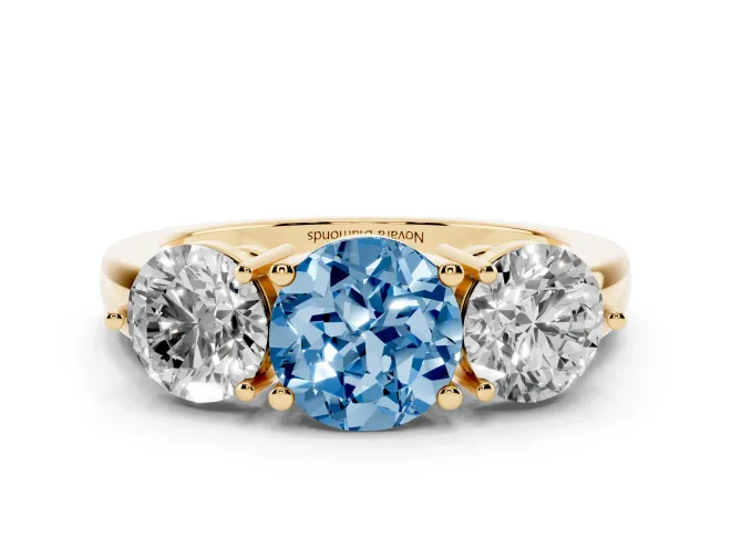 Round Three Stone Engagement Ring Setting for a Fancy Blue Lab-Grown Diamond | Large Round Side Stones | Yellow Gold