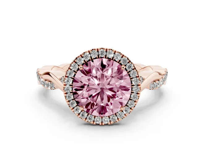 Round Halo Engagement Ring Setting for a Fancy Pink Lab-Grown Diamond | Pavé Twist Band | Rose Gold