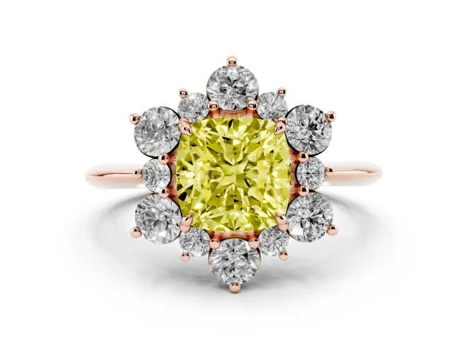 Cushion Cut Cluster Halo Engagement Ring Setting for a Fancy Yellow Lab-Grown Diamond | Rose Gold