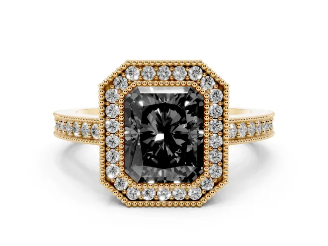 Fancy Black Radiant Cut Diamond Halo Engagement Ring Set in Yellow gold with Pavé Band and Round Halo Stones
