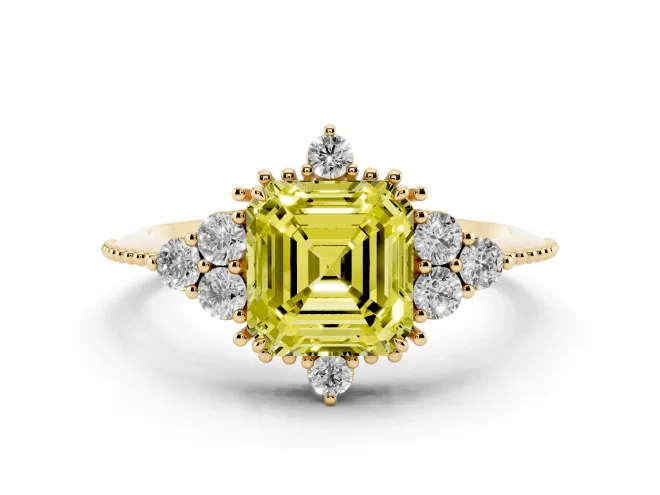 Fancy Yellow Asscher Cut Diamond Cluster Ring Set in Yellow gold with Beaded Band