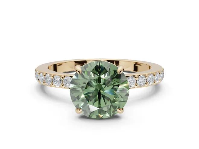 Round Hidden Halo Engagement Ring Setting for a Fancy Green Lab-Grown Diamond | Pavé Band | Yellow Gold