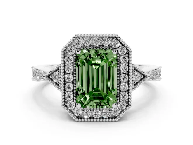 Fancy Green Emerald Cut Diamond Halo Engagement Ring Set in Platinum with Milgrain Pavé Band