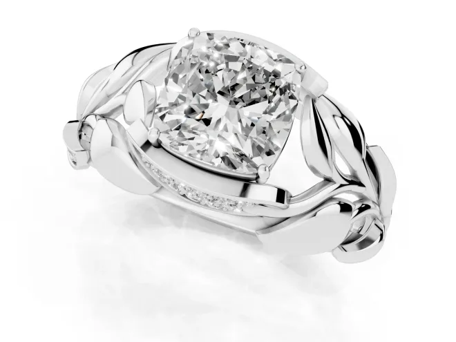 Cushion Cut Diamond Leaf-Inspired Engagement Ring Set in White gold with Round Accents – second view