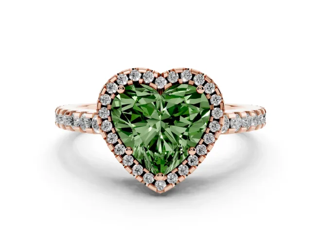 Fancy Green Heart Cut Diamond Halo Ring Set in Rose gold with Pavé Shoulders and Halo-Framed Center