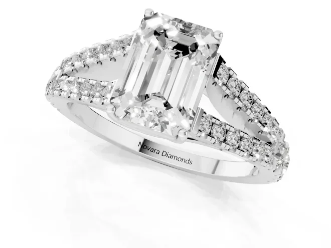 Emerald Cut Diamond Split Shank Pavé Engagement Ring Set in Platinum with Prong-Held Center Stone – second view