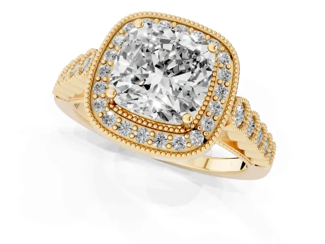 Cushion Cut Diamond Milgrain Halo Solitaire Ring Set in Yellow gold with Bezel Set Side Stones and Pavé Band – second view