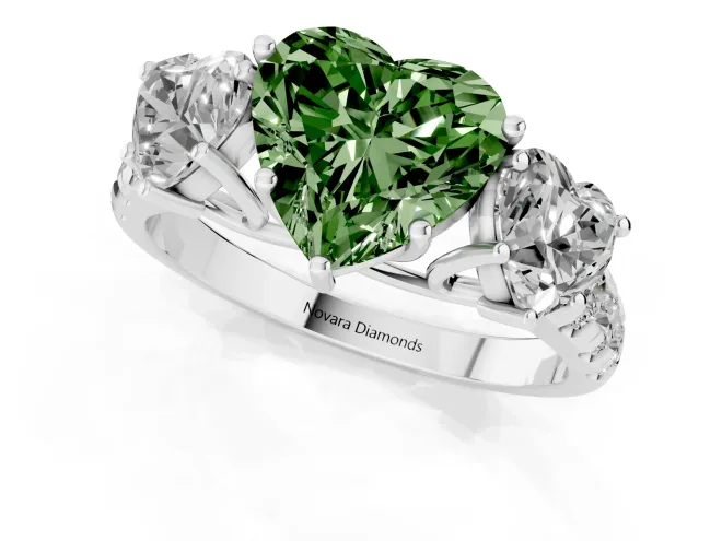 Fancy Green Heart Cut Diamond Three-Stone Ring Set in Platinum with Pavé Band – second view