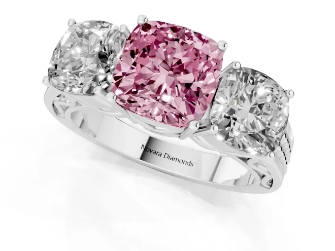 Cushion Cut Three Stone Engagement Ring Setting for a Fancy Pink Lab-Grown Diamond | Beaded Shoulders | Sterling Silver – second view