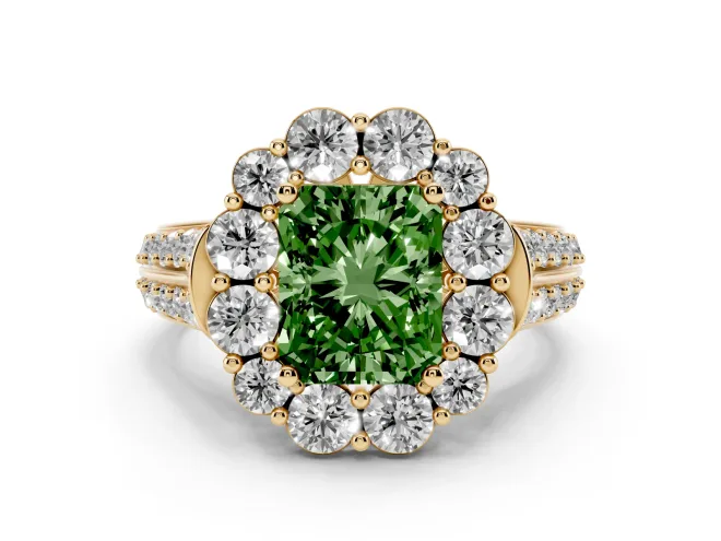 Radiant Cut Large Accent Halo Engagement Ring Setting for a Fancy Green Lab-Grown Diamond | Graduated Pavé | Yellow Gold
