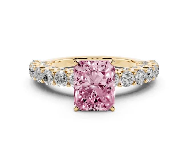 Fancy Pink Radiant Cut Diamond Solitaire Ring Set in Yellow gold with Shared Prong Pavé Band