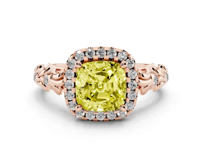 Cushion Cut Leaf Halo Engagement Ring Setting for a Fancy Yellow Lab-Grown Diamond | Bezel Accents | Rose Gold