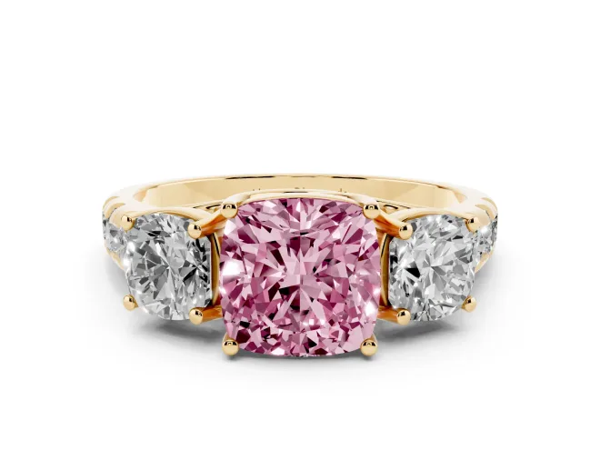 Cushion Cut Three Stone Engagement Ring Setting for a Fancy Pink Lab-Grown Diamond | Accented Shoulders | Yellow Gold