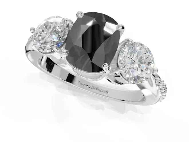 Fancy Black Cushion Cut Lab-Grown Diamond Three-Stone Ring Set in Sterling Silver with Channel-Set Band and Prong Setting – second view