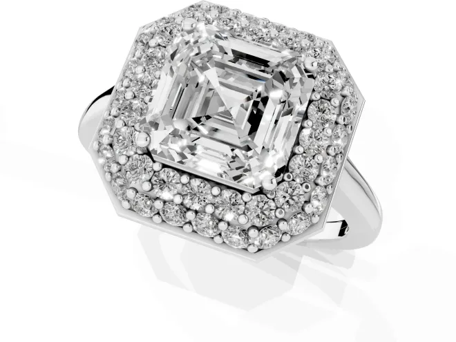 Asscher Cut Diamond Halo Engagement Ring Set in Silver with Solitaire Band and Prong Setting – second view