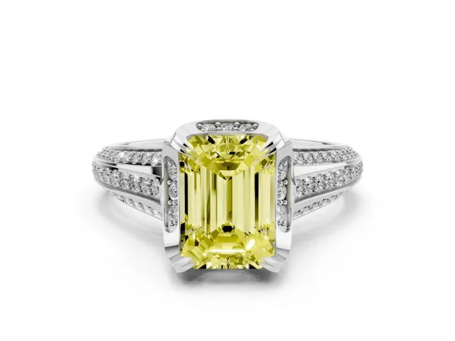 Emerald Cut Hidden Halo Engagement Ring Setting for a Fancy Yellow Lab-Grown Diamond | Triple Row Pavé Band | White Gold