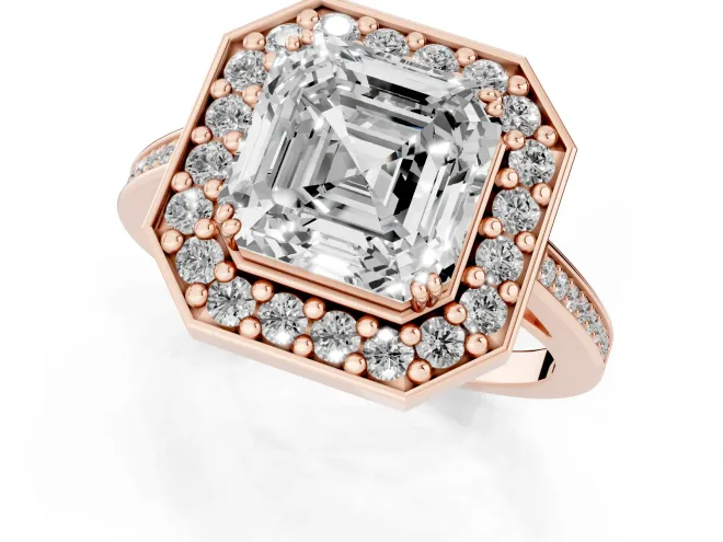 Asscher Cut Diamond Halo Ring Set in Rose gold with Accent-Lined Split Shank and Prong Setting – second view
