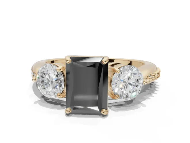 Radiant Cut Three Stone Engagement Ring Setting for a Black Center | Tapered Pavé Band | Yellow Gold