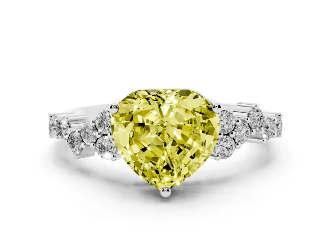 Fancy Yellow Heart Cut Diamond Ring Set in White gold with Scattered Round Accents