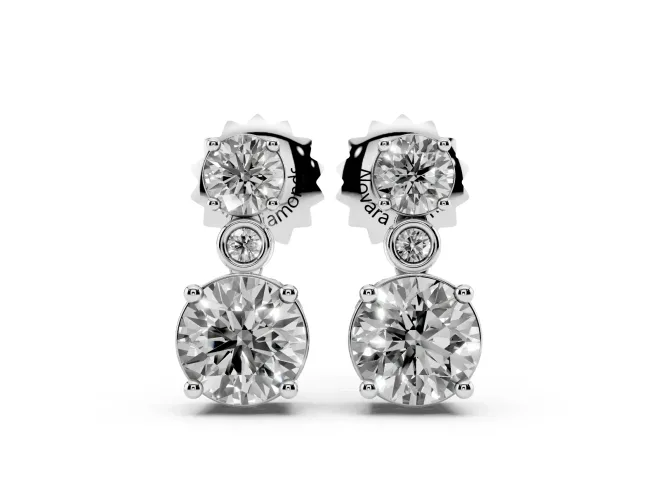Round Lab-Grown Diamond Two Stone Drop Earrings | Bezel Accent Link | Sterling Silver
