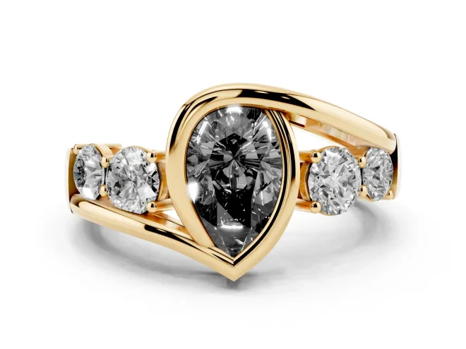 Fancy Black Pear Cut Diamond Bezel Bypass Ring Set in Yellow gold with Round Accents