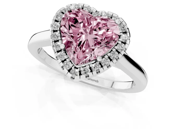 Fancy Pink Heart Cut Halo Round Diamond Solitaire Ring Set in White gold with Pavé Band and Prong Setting – second view