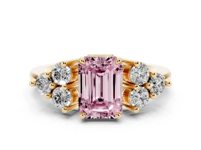 Emerald Cut Cluster Side Stone Engagement Ring Setting for a Fancy Pink Lab-Grown Diamond | Plain Band | Yellow Gold