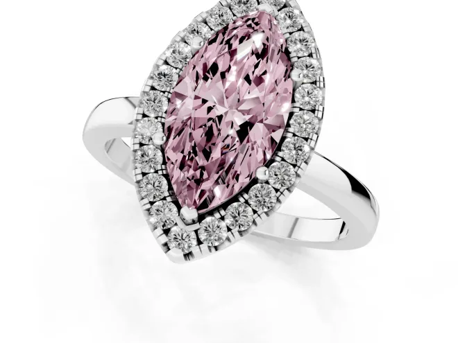 Fancy Pink Marquise Cut Diamond Halo Solitaire Ring Set in Platinum with Pavé Band and Prong Setting – second view