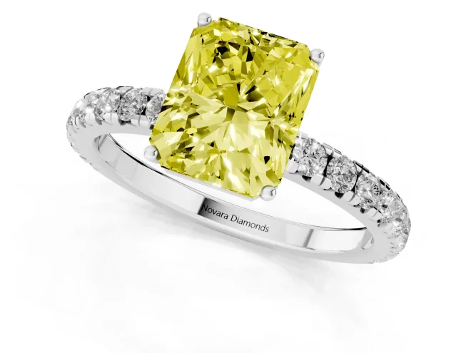 Fancy Yellow Radiant Cut Diamond Pavé Solitaire Engagement Ring Set in White gold with Prong Setting – second view