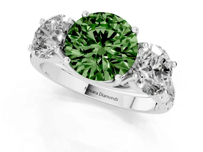 Fancy Green Round Cut Diamond Three-Stone Ring Set in Silver with Pavé Band – second view