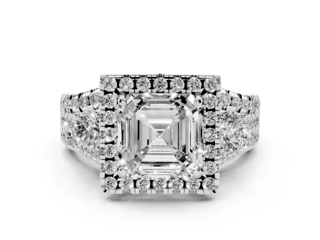 Asscher Cut Diamond Halo Split Shank Ring Set in Silver with Round Accent Stones and Prong Setting