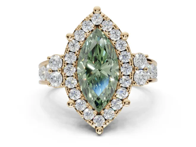 Marquise Halo Engagement Ring Setting for a Fancy Green Lab-Grown Diamond | Graduated Channel Band | Yellow Gold
