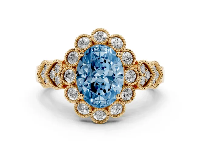 Oval Scalloped Halo Engagement Ring Setting for a Fancy Blue Lab-Grown Diamond | Heart Pavé Band | Yellow Gold