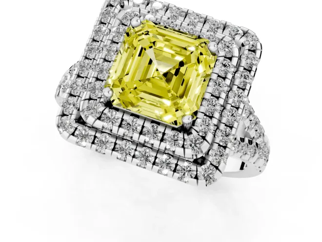 Fancy Yellow Asscher Cut Diamond Double Halo Ring Set in Platinum with Pavé Split Shank and Prong Setting – second view