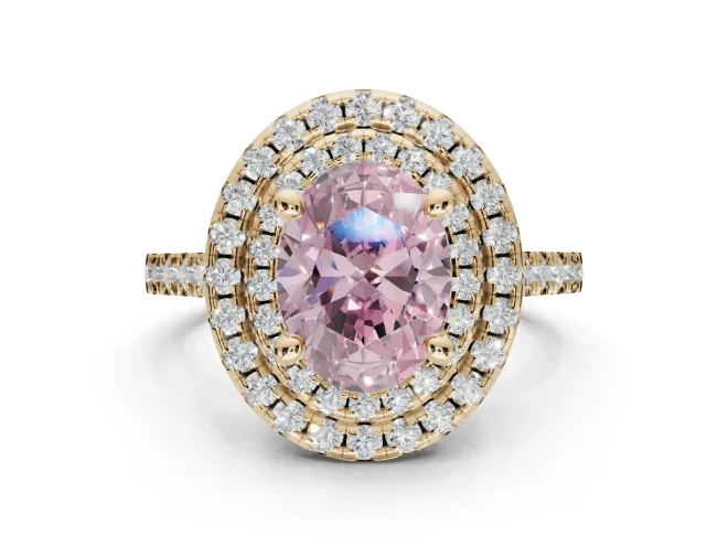 Oval Double Halo Engagement Ring Setting for a Fancy Pink Lab-Grown Diamond | Pavé Shoulders | Yellow Gold