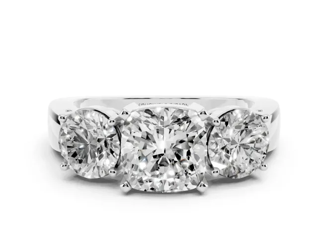 Cushion Cut Three Stone Engagement Ring Setting | Wide Plain Band | Platinum