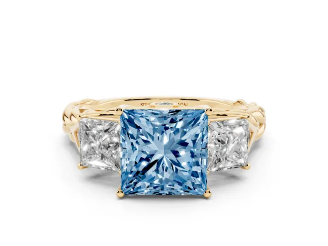 Princess Cut Three Stone Engagement Ring Setting for a Fancy Blue Lab-Grown Diamond | Braided Band | Yellow Gold
