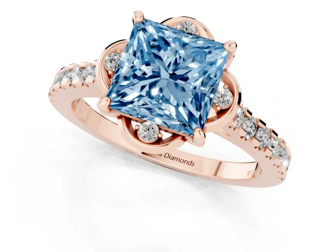 Fancy Blue Princess Cut Diamond Solitaire Ring Set in Rose gold with Pavé Band and Floral Prong Setting – second view