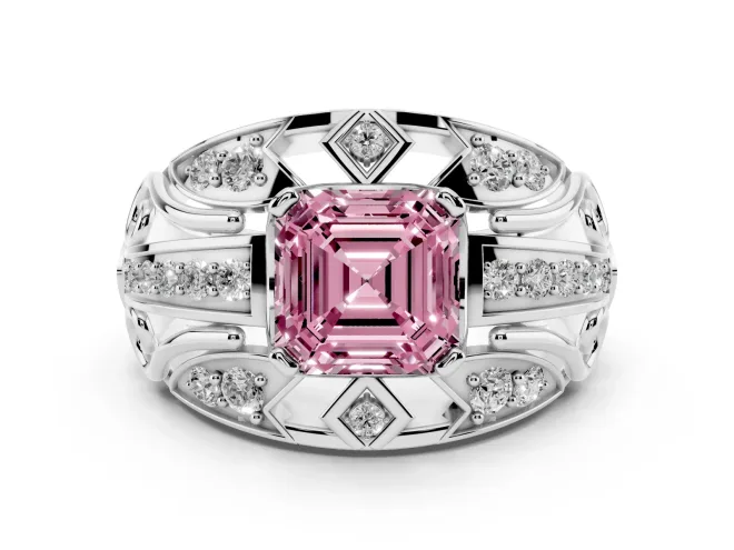 Fancy Pink Asscher Cut Diamond Art Deco Ring Set in Silver with Pavé Split Shank